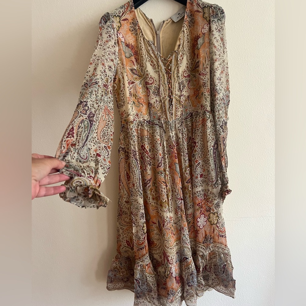 New Etro Milano Multicolor Paisley Print Chiffon Lace up dress Italy Size 40 - Picture 11 of 16